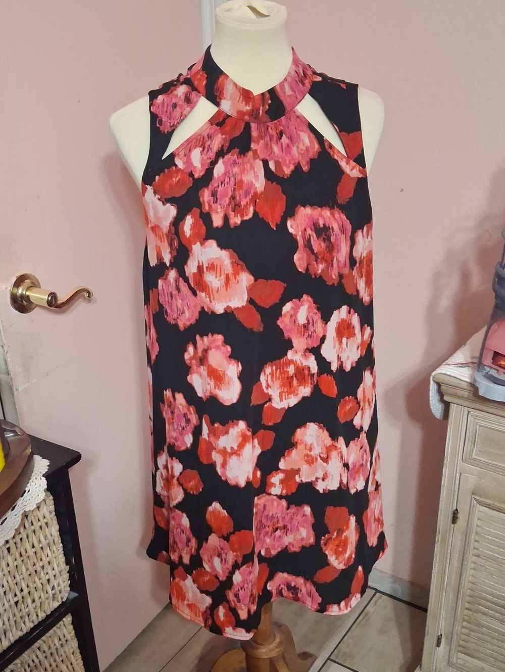 Gianni Bini Black Halter Tunic with Pink & Red Floral Print